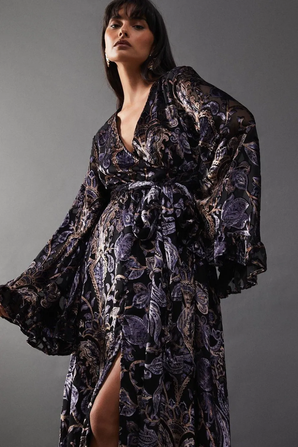 Burnout Velvet Plunge Neck Flared Sleeve Belted Maxi Dress