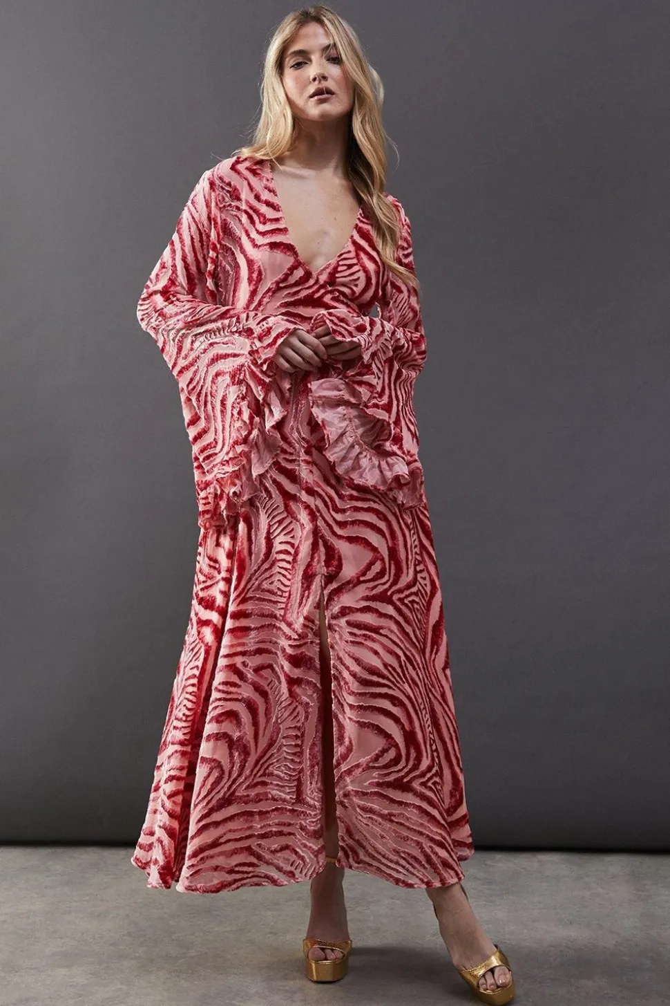 Burnout Velvet Plunge Neck Flared Sleeve Belted Maxi Dress