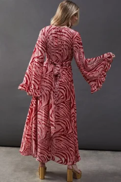 Burnout Velvet Plunge Neck Flared Sleeve Belted Maxi Dress