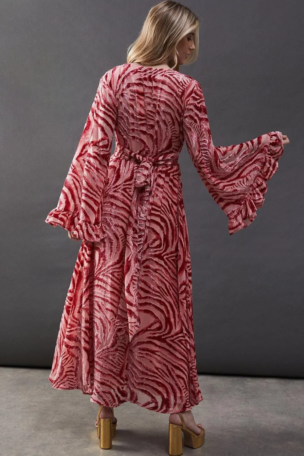 Burnout Velvet Plunge Neck Flared Sleeve Belted Maxi Dress