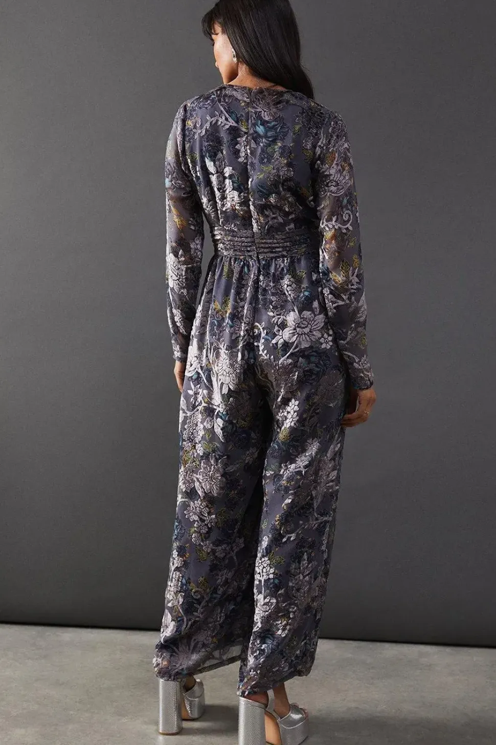 Burnout Velvet Plunge Neck Waisted Jumpsuit