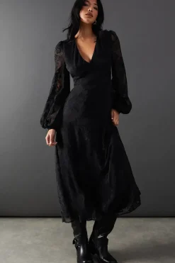 Burnout Velvet V Neck Midi Tea Dress