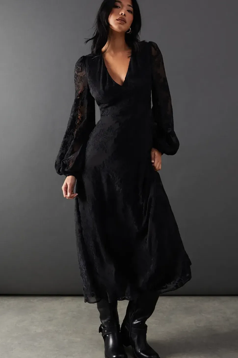 Burnout Velvet V Neck Midi Tea Dress