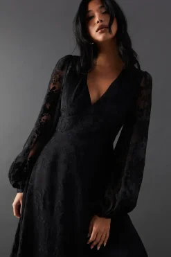 Burnout Velvet V Neck Midi Tea Dress