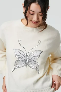 Butterfly Embellished Puff Sleeve Jumper