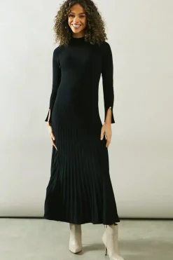 Button Cuff Detail High Neck Pleated Knitted Midaxi Dress