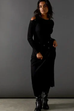 Button Detail Cold Shoulder Ribbed Midaxi Dress
