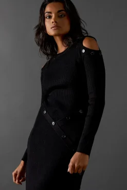 Button Detail Cold Shoulder Ribbed Midaxi Dress