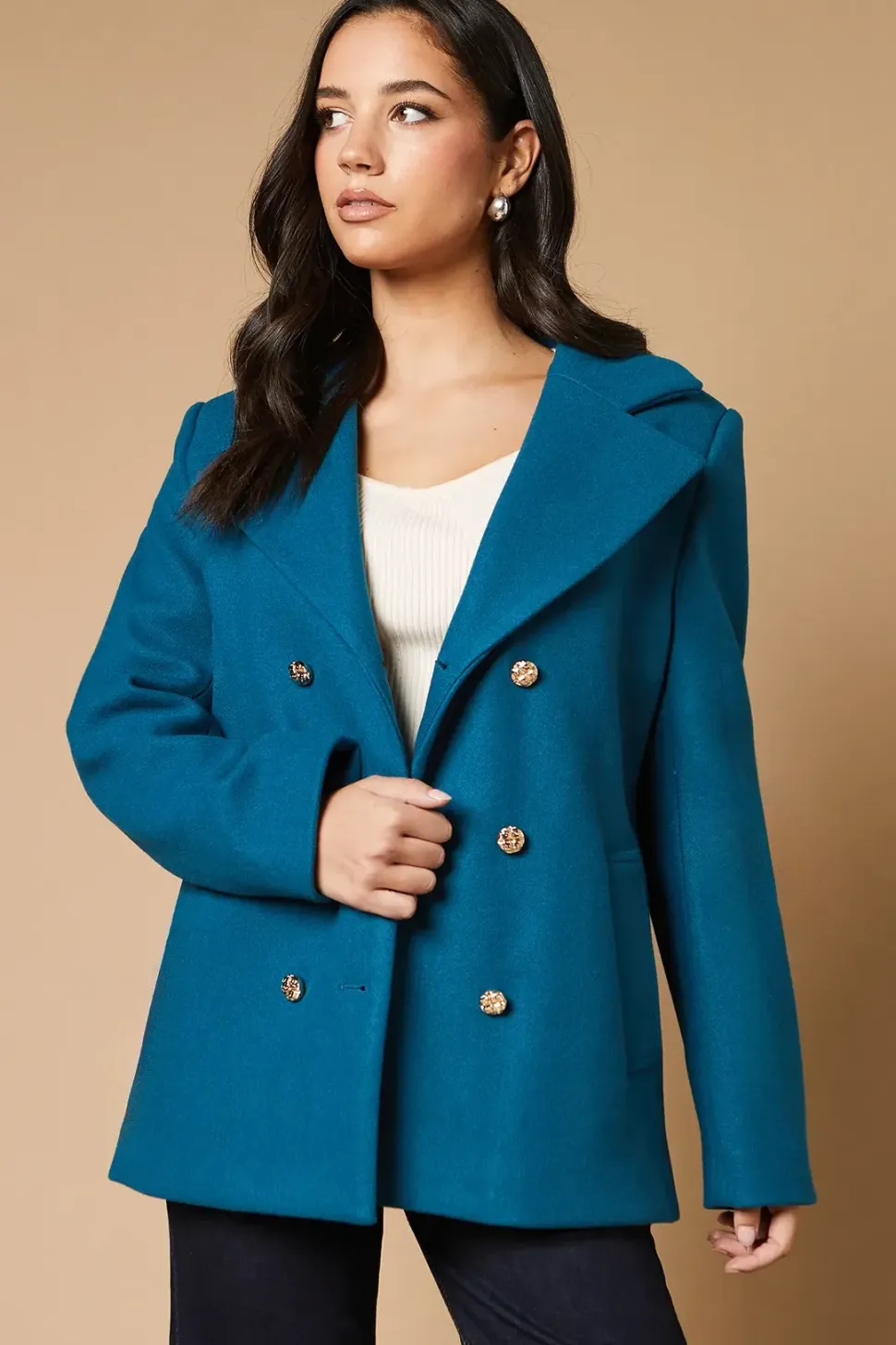 Button Detail Double Breasted Peacoat