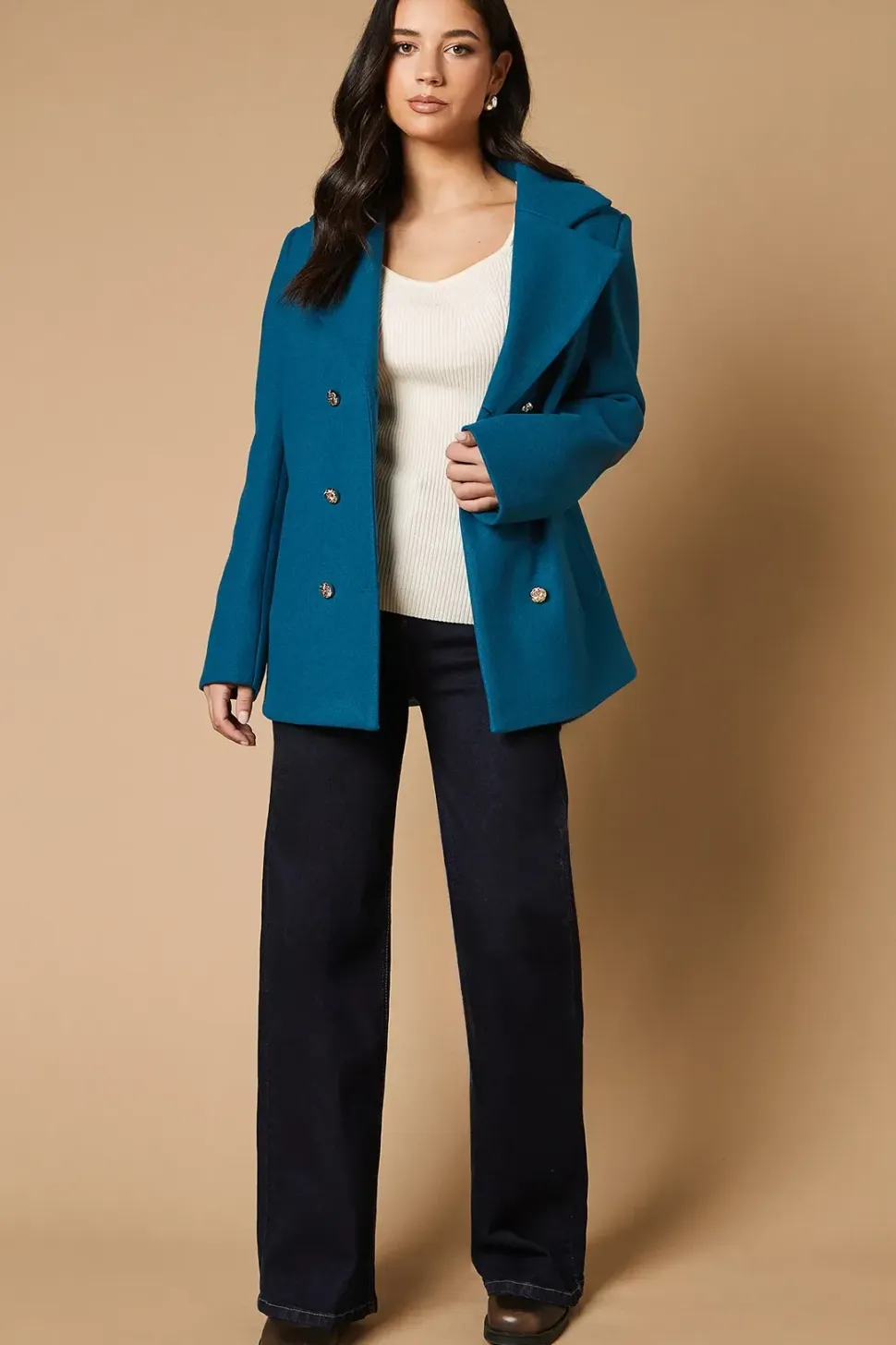 Button Detail Double Breasted Peacoat