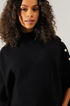 Button Detail High Neck Knitted Poncho Jumper