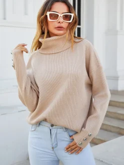 Button Detail On Sleeve Jumper Top With High Neck In Beige