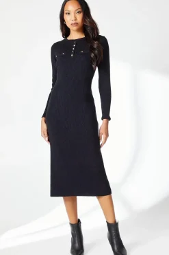 Button Detail Rib Knitted Midi Dress