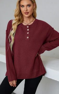 Button Detail Round Neck Sweater Jumper Top In Wine