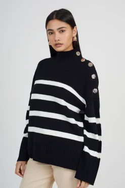 Button Detail Striped Turtleneck Jumper