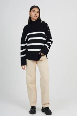Button Detail Striped Turtleneck Jumper