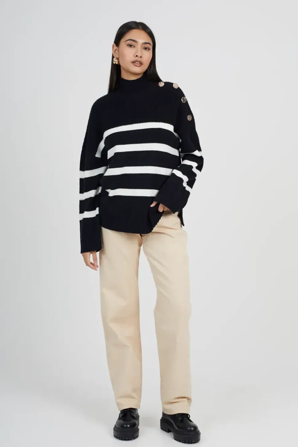 Button Detail Striped Turtleneck Jumper
