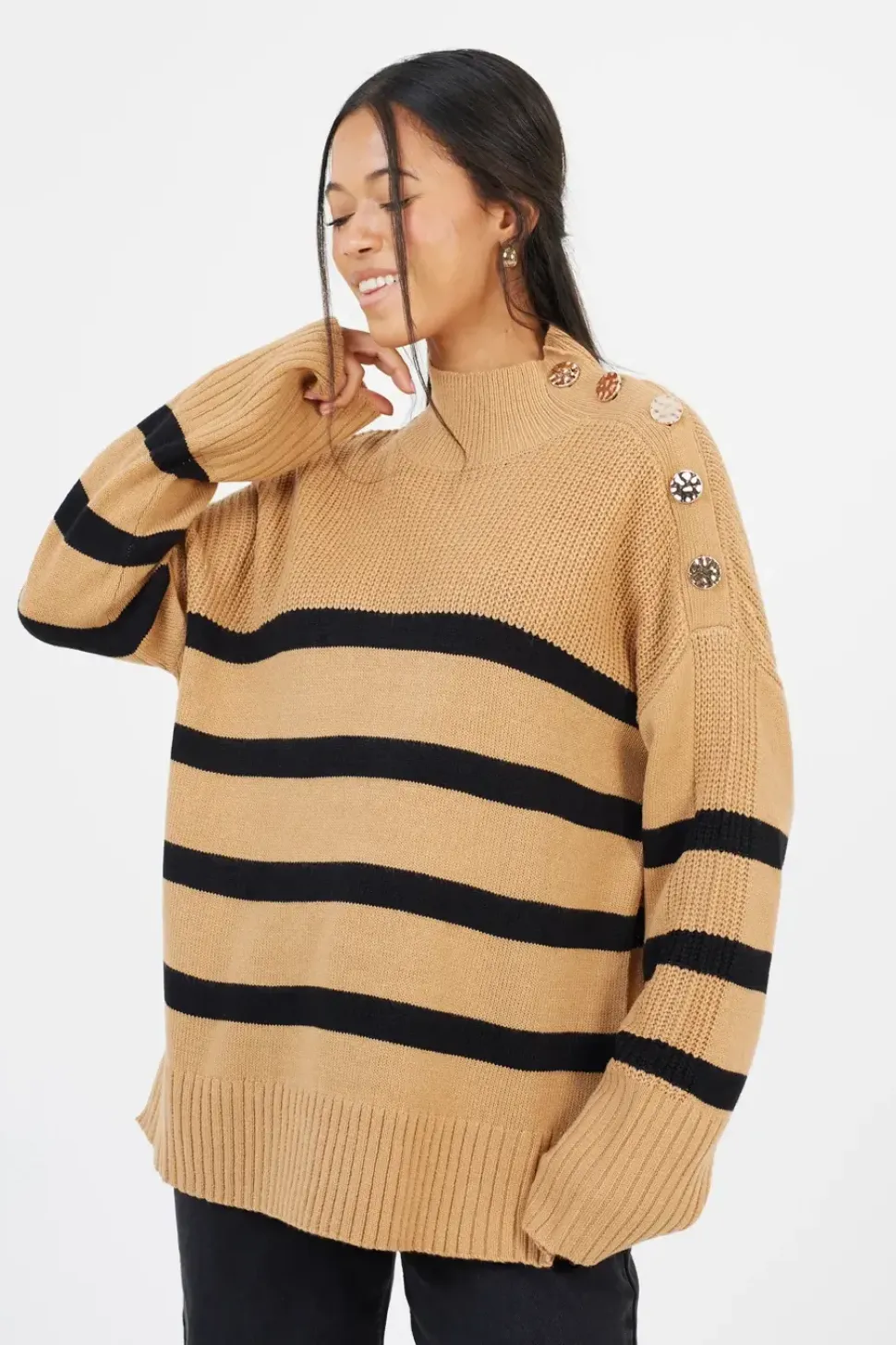 Button Detail Striped Turtleneck Jumper