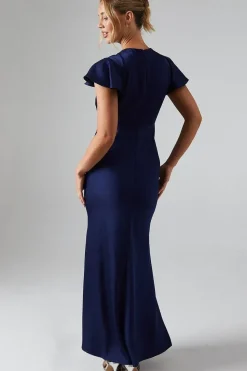 Button Detail V Neck Satin Bridesmaids Midaxi Dress