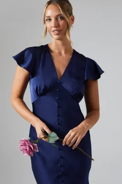 Button Detail V Neck Satin Bridesmaids Midaxi Dress