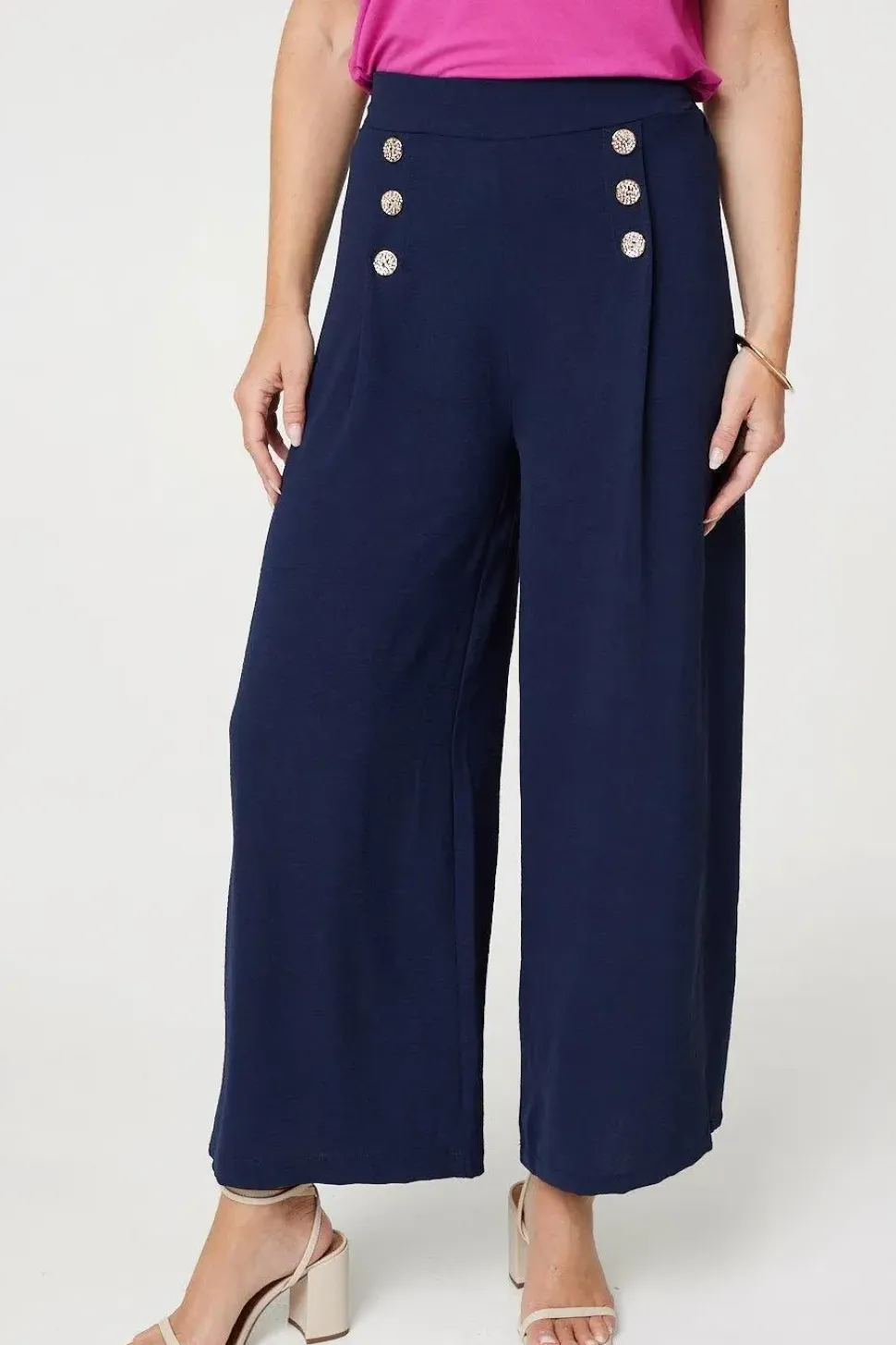 Button Detail Wide Leg Trousers