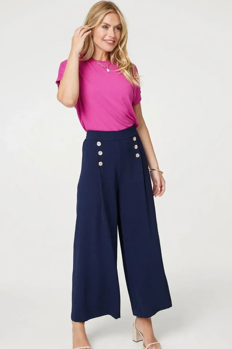 Button Detail Wide Leg Trousers