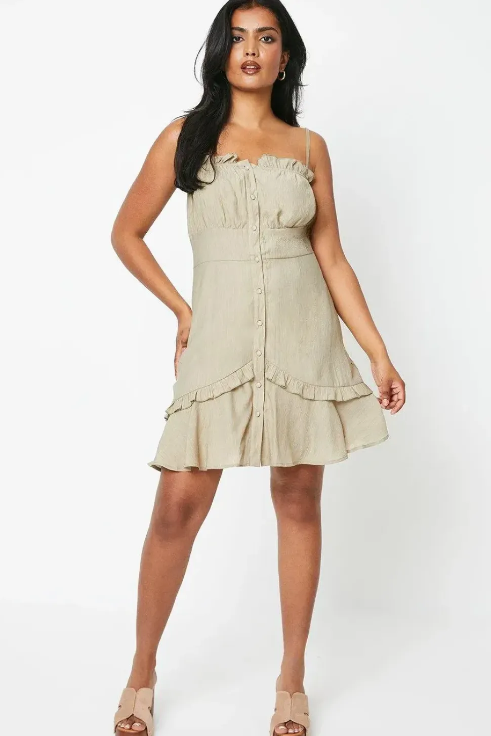 Button Down Frill Detail Strappy Mini Dress