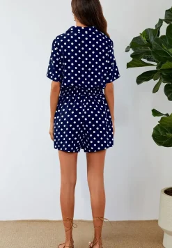 Button Down Playsuit In Navy With White Polka Dot Print