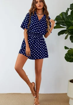 Button Down Playsuit In Navy With White Polka Dot Print