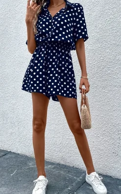 Button Down Playsuit In Navy With White Polka Dot Print