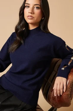 Button Down Sleeve High Neck Jumper