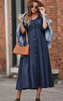 Button Down Sleeve Tie Detail Midi Dress In Navy