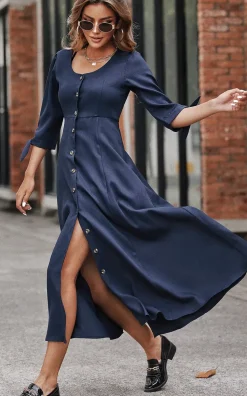 Button Down Sleeve Tie Detail Midi Dress In Navy