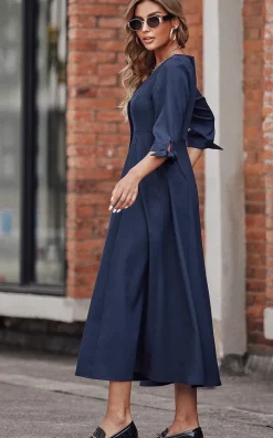 Button Down Sleeve Tie Detail Midi Dress In Navy