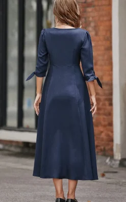 Button Down Sleeve Tie Detail Midi Dress In Navy