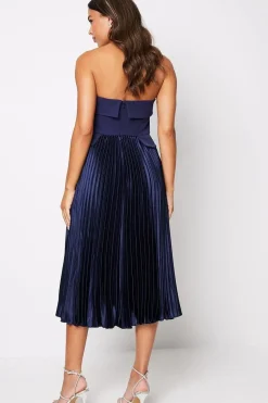 Button Front Bandeau Pleat Skirt Midi Dress