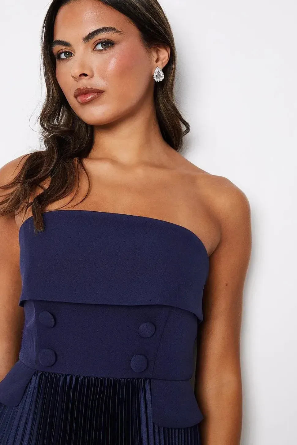 Button Front Bandeau Pleat Skirt Midi Dress