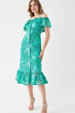 Button Front Bardot Lace Pencil Dress