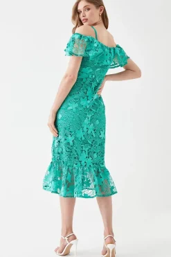 Button Front Bardot Lace Pencil Dress