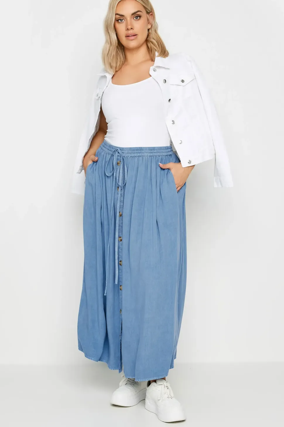 Button Front Linen Maxi Skirt
