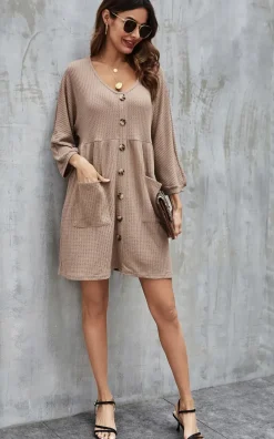 Button Front Mini Dress In Beige