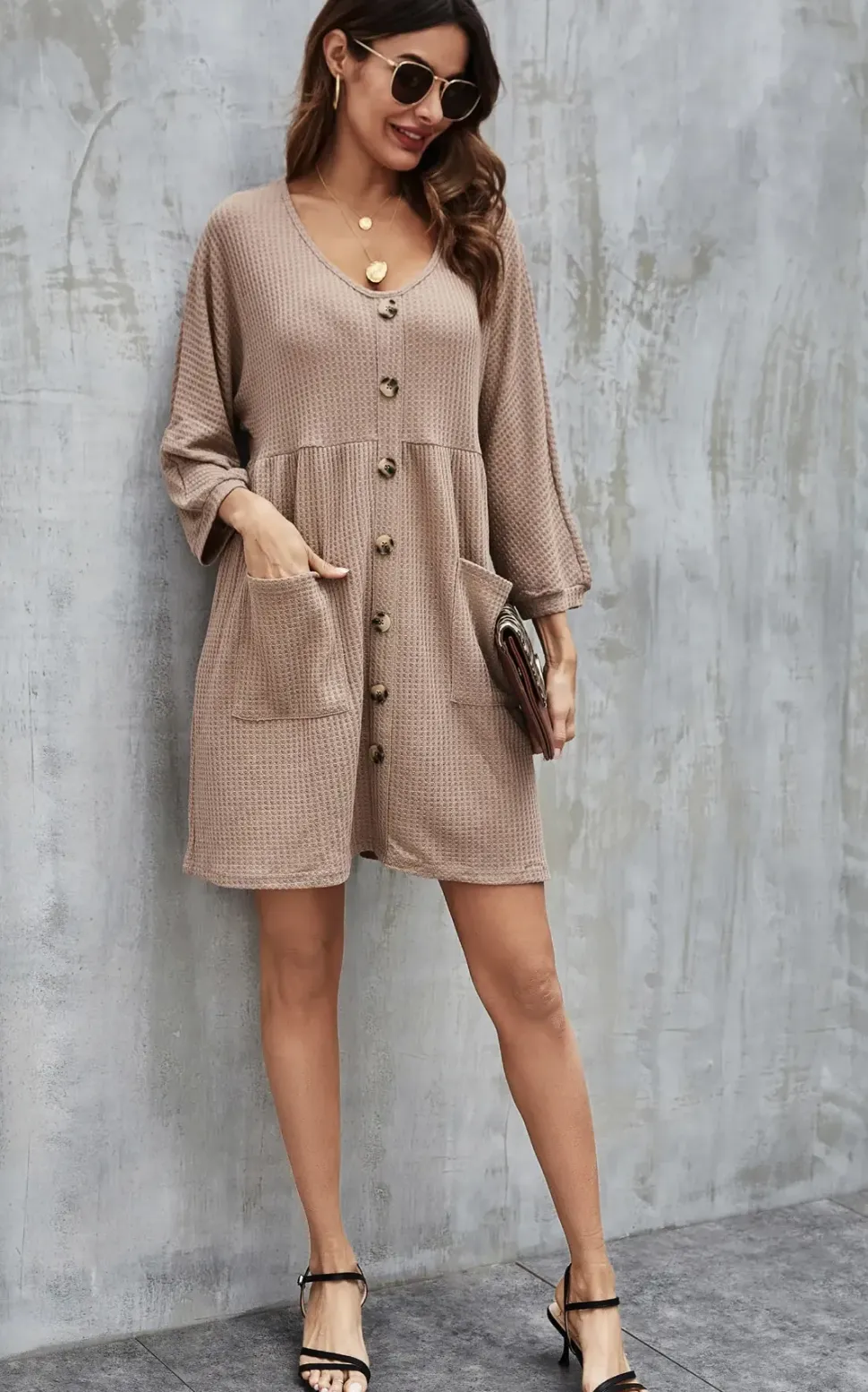 Button Front Mini Dress In Beige