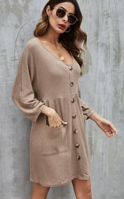 Button Front Mini Dress In Beige