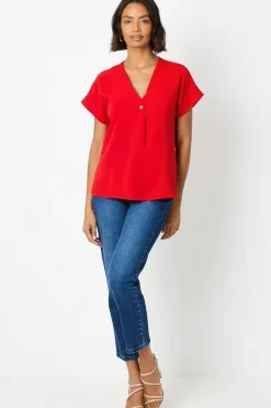 Button Front Roll Sleeve Blouse