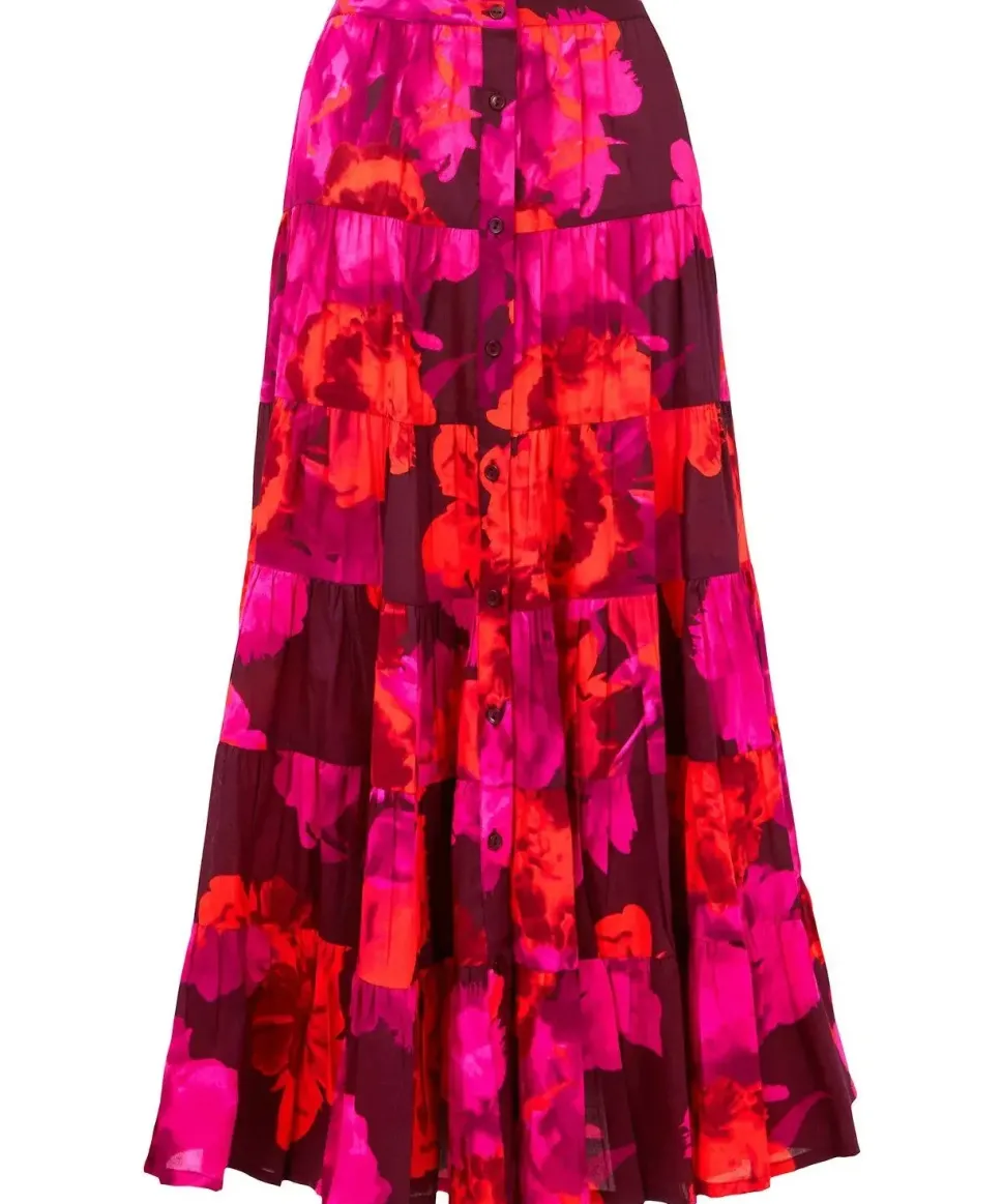 Button-Front Tiered Floral Maxi Skirt