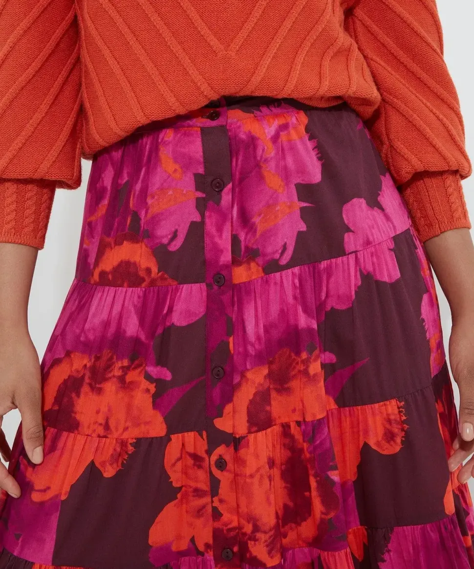 Button-Front Tiered Floral Maxi Skirt
