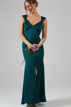 Button Front V Neck Satin Bridesmaid Dress