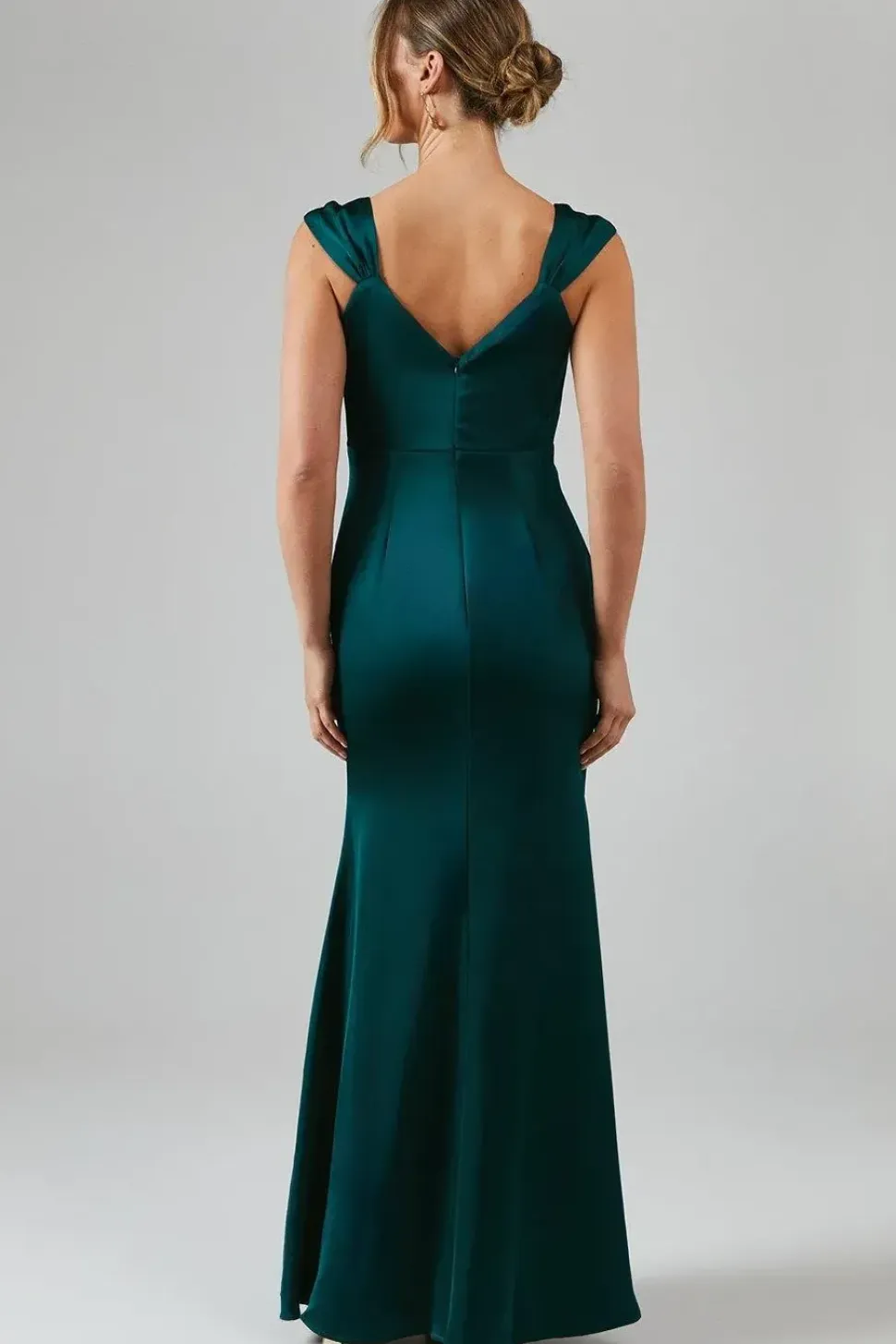 Button Front V Neck Satin Bridesmaid Dress