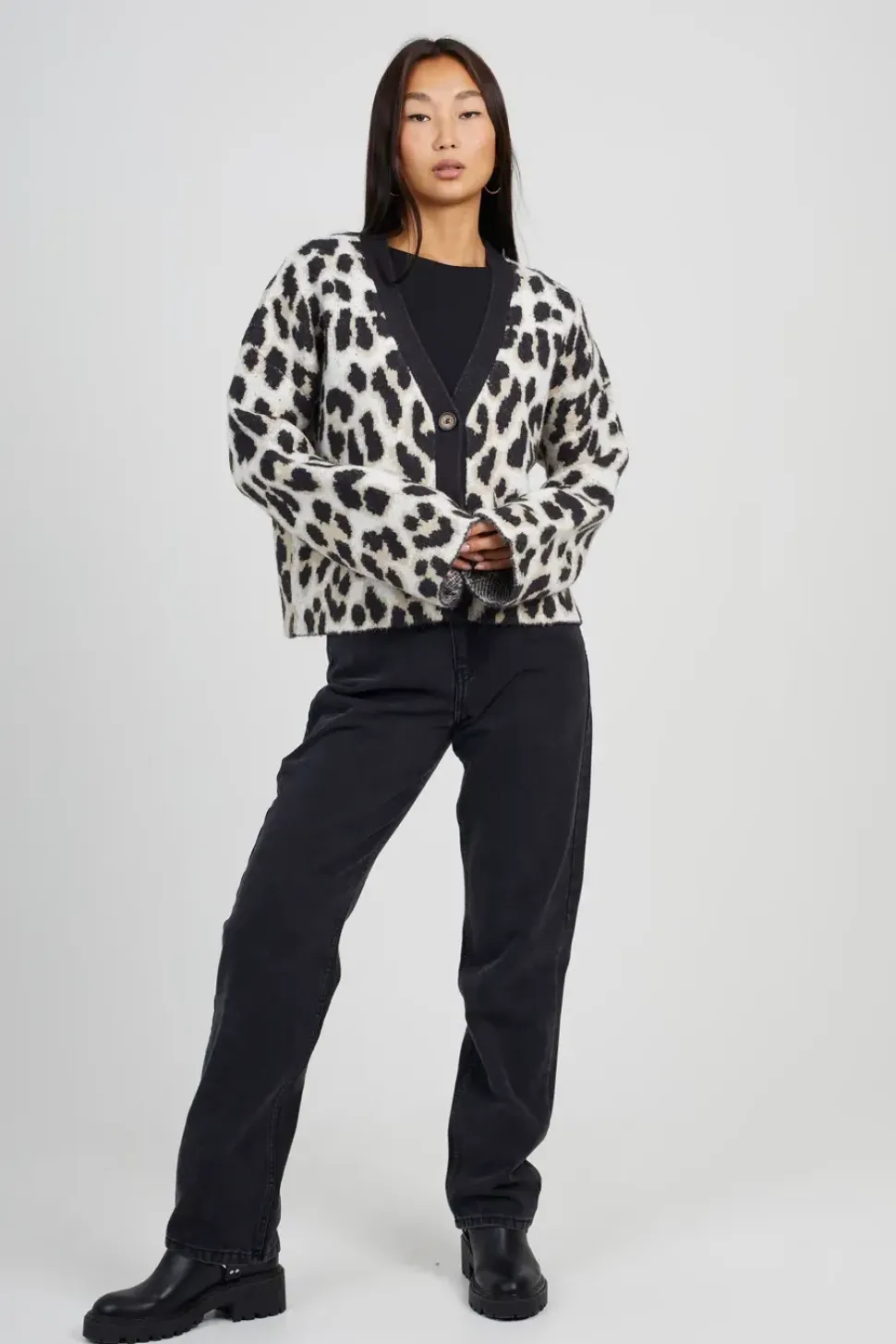 Button Through Animal Print Jacquard Knit Cardigan