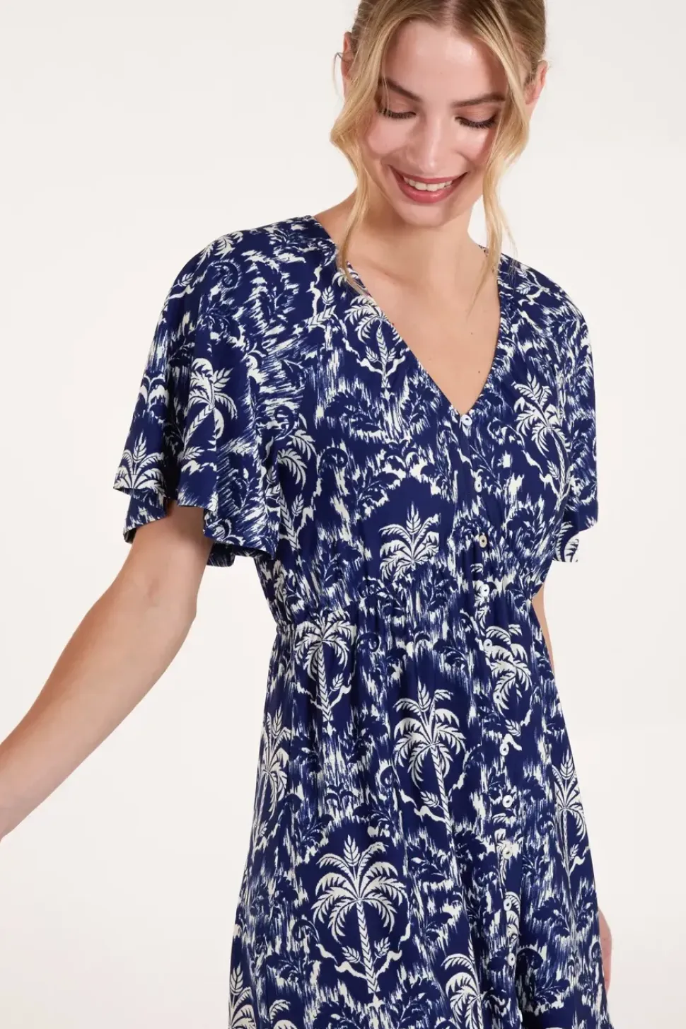 Button Through Elastic Waist Mini Dress